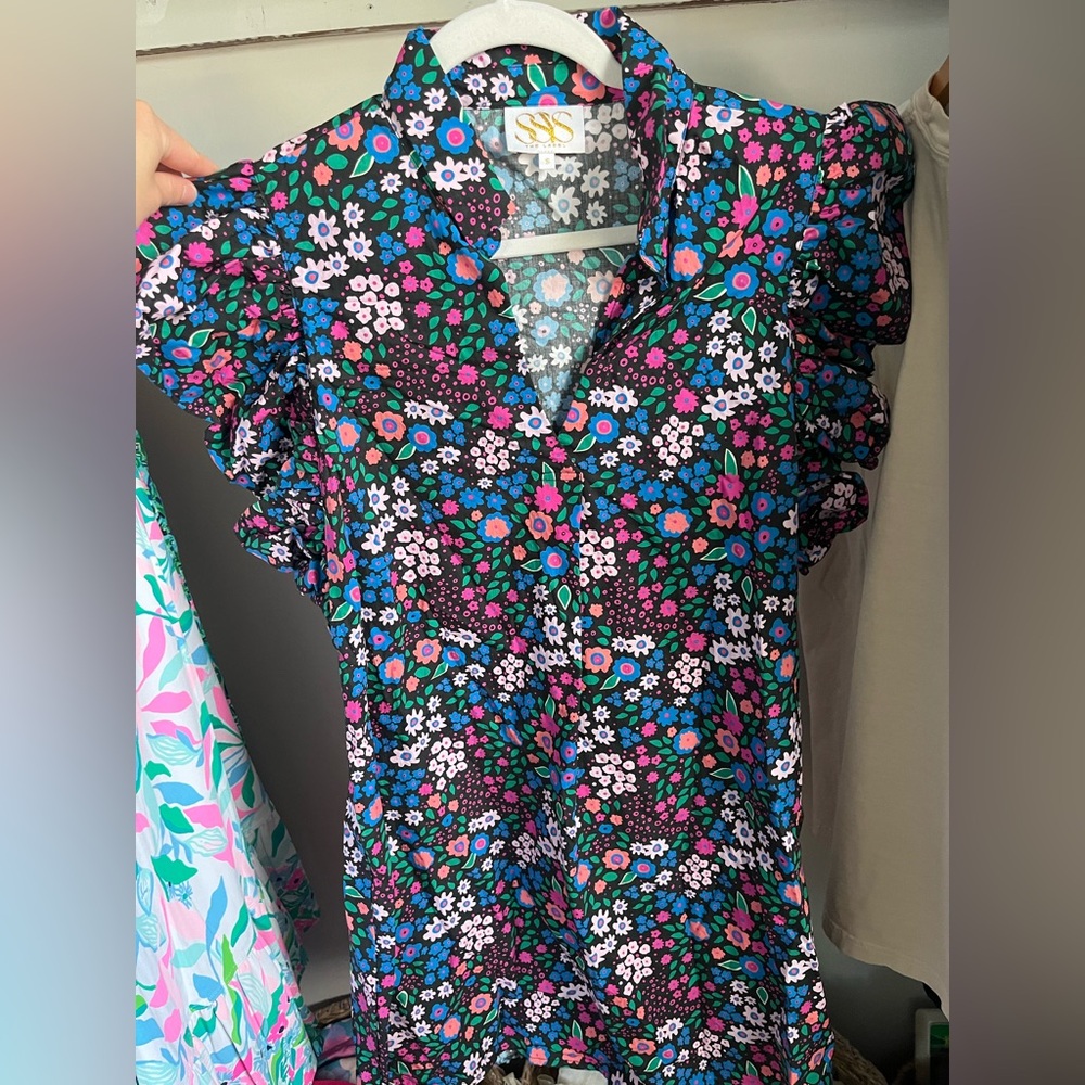Floral V-Neck Ruffle Sleeve Dress - Black/Multi SSYS